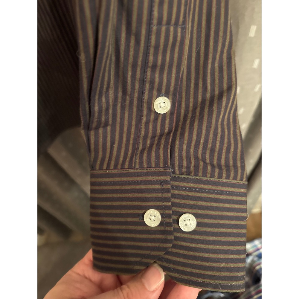 Bogari Mens Dark Brown Green Striped Cotton Button Down Shirt L 16.5 35.5 NWT - Picture 7 of 9